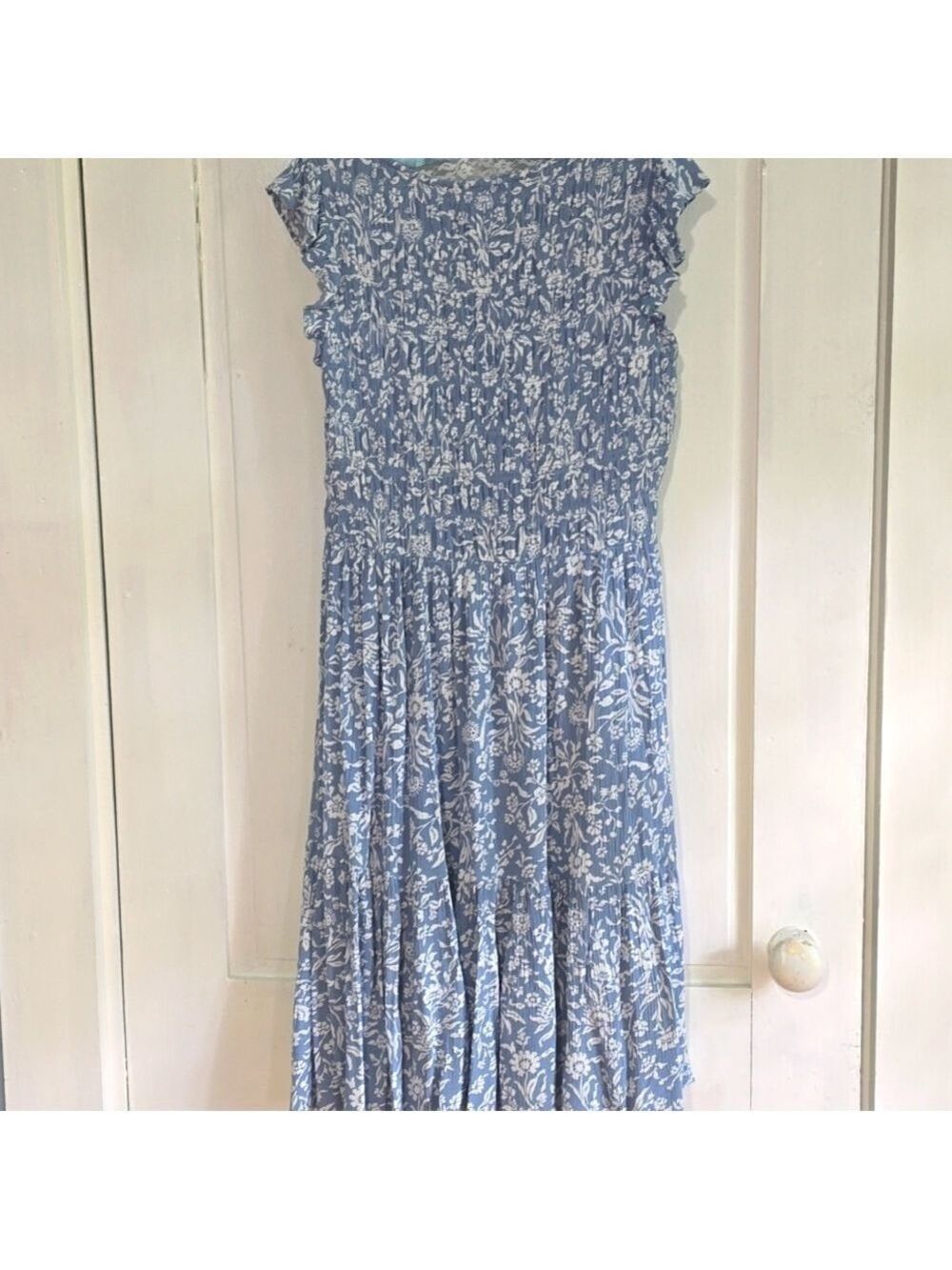 Lucky Brand Blue Floral Flirty Flutter Sleeve Shirred Bust Midi Dress - Picture 6 of 11